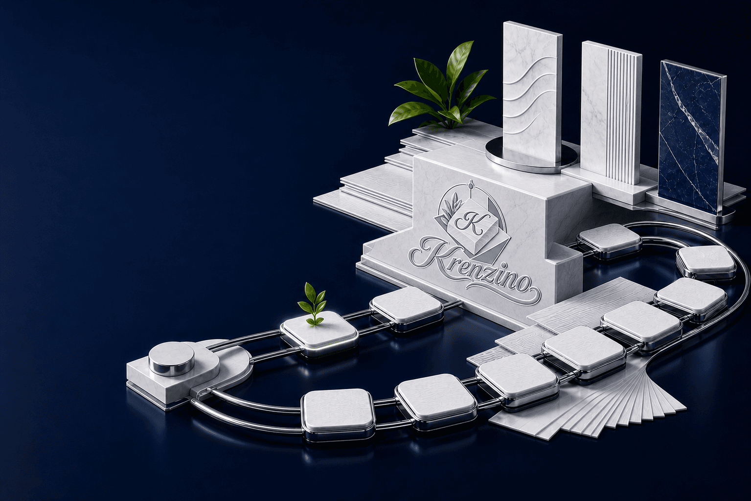 Krenzino logo-integrated credit lifecycle scene with polished account structures
